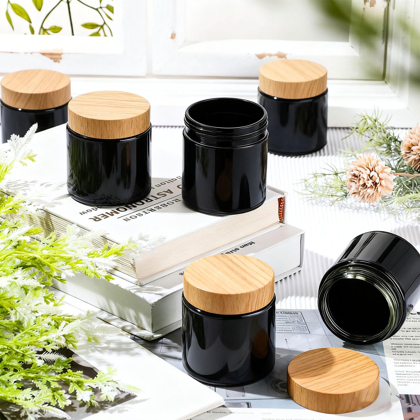 Norme 24 Pcs Glass Jars with Lids Empty Small Glass Containers and Inner Liners Reusable Cosmetic Jars Round Airtight Bottles with Plastic Woodgrain Lids for Storing Lotion (4 oz,Black)