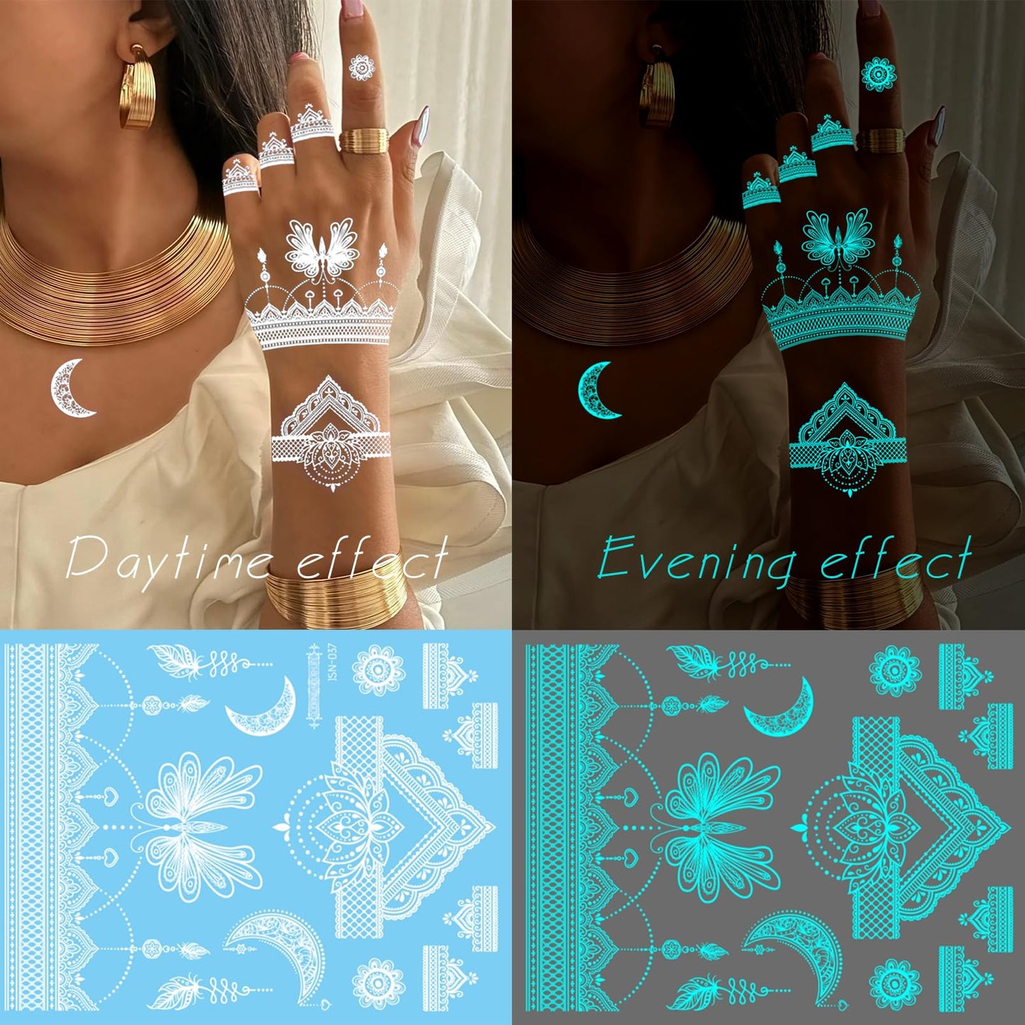 Casciybo Glow In The Dark Tattoo 7 Sheets for Women, UV Blacklight Reactive Face Temporary Tattoos for Adults Fake Flower Butterfly Waterproof Face Body Arm Tattoo, Night Glitter Party Supply