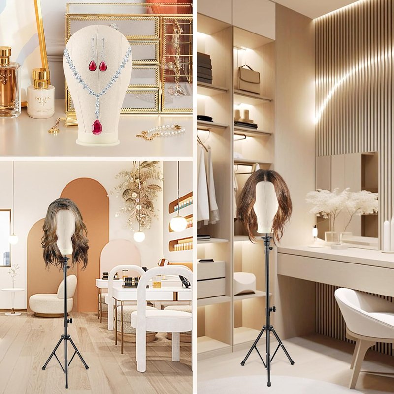 Tall Wig Tripod Stand with Canvas Mannequin Head - 23 Inch Styling Display Kit with Accessories | Adjustable Height 37.4-50.8 Inch
