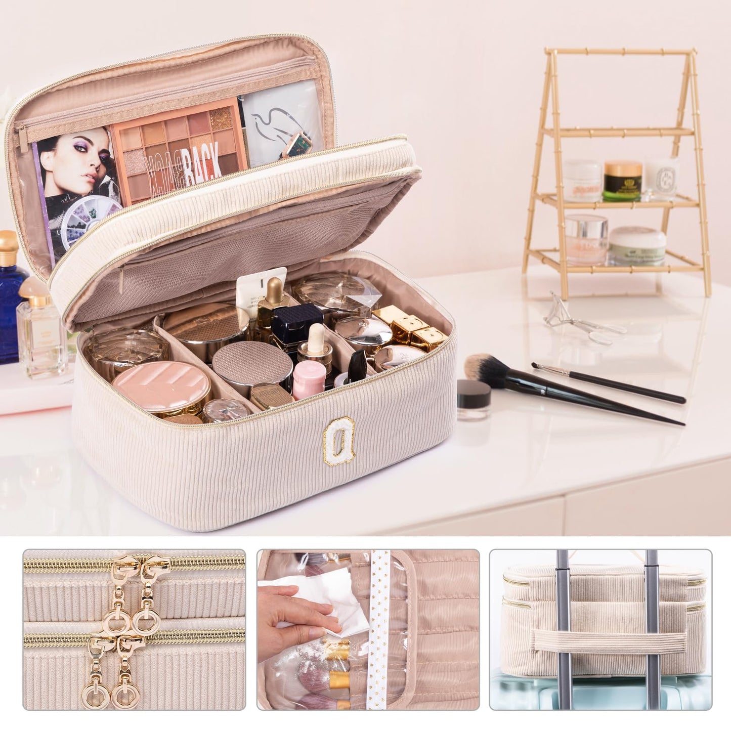 AMOIGEE Large Makeup Bag, Travel Makeup Bag Organizer, Double Layer Train Case Makeup Bag, Toiletry Bag for Makeup Brushes, Full Size Bottles, Palettes Sponge, Cosmetic Organizer