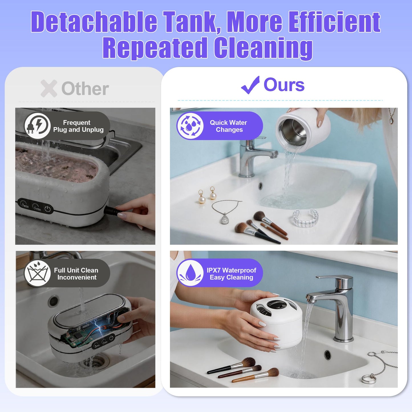 Ultrasonic Jewelry Cleaner with Detachable Tank, Makeup Brush Cleaner Machine