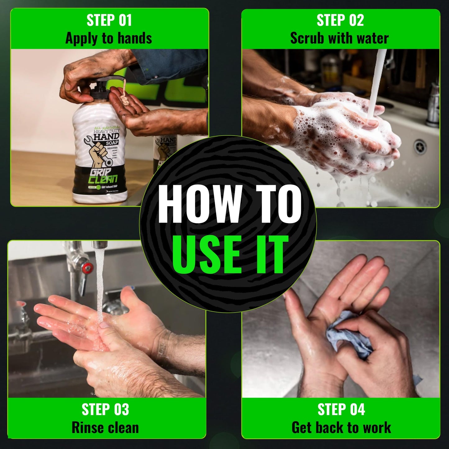 Grip Clean Heavy Duty Hand Cleaner for Mechanics – Natural Pumice & Clay-Infused Technology Removes Grease, Oil & Grime – Moisturizing Liquid Hand Soap for Shop, Garage & Industrial Use – 32oz
