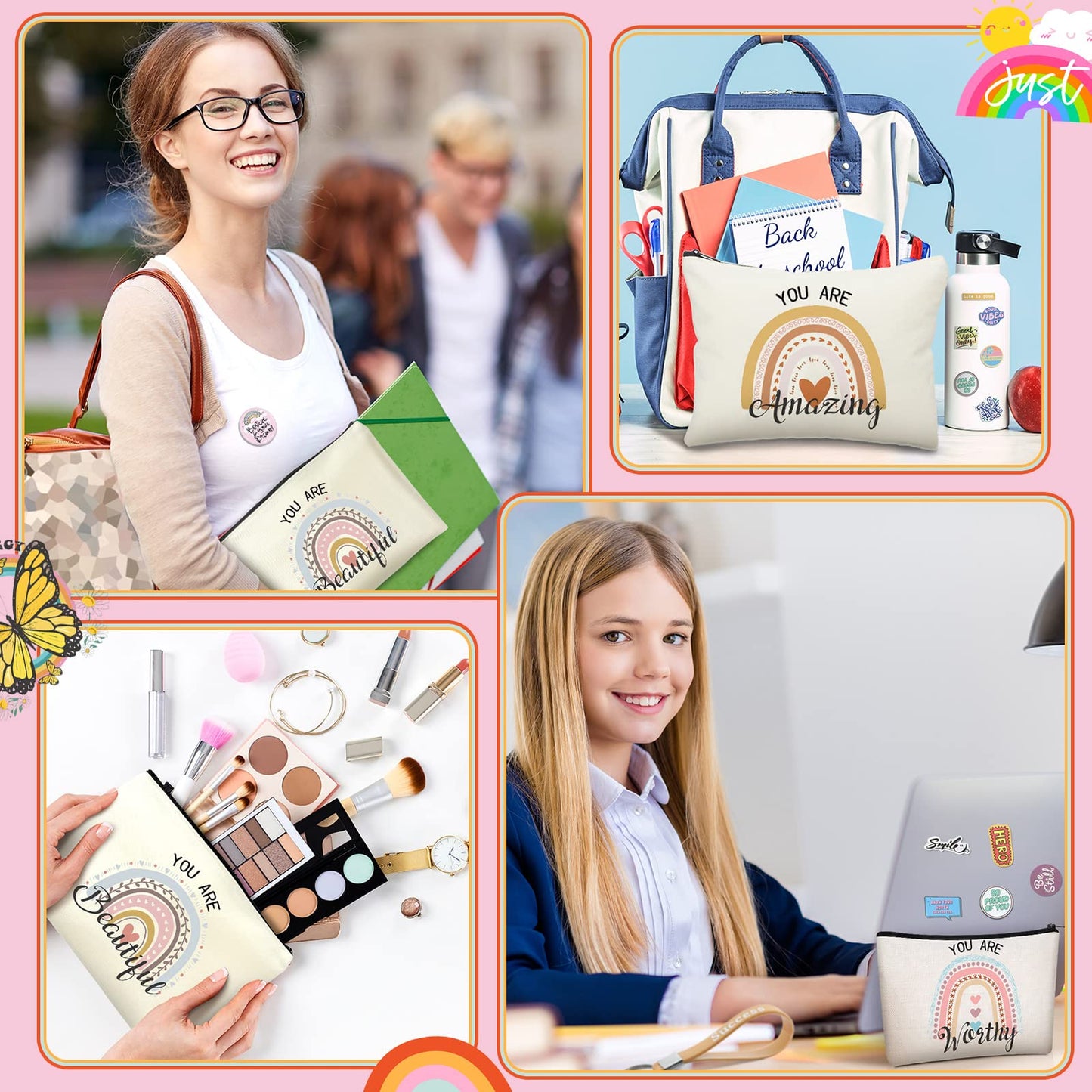 Pinkunn 68 Pcs Inspirational Gifts Bulk Inspirational Quote Key Chains Rainbow Canvas Cosmetic Bags with Zipper Motivational Stickers Button Badges Gifts for Teacher Birthday Graduation