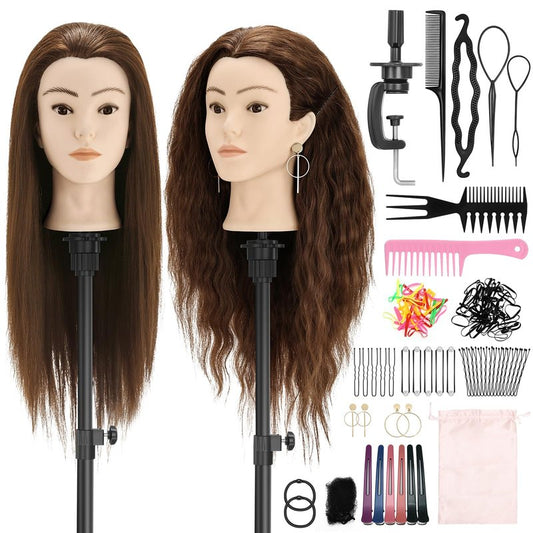 Yekavo Mannequin Head with 90% Human Hair, 24" Female Real Hair Cosmetology Mannequin Head Hair Styling Manikin Head Doll Head for Hairdresser Practice Training with Clamp Holder and Tools (Brown)