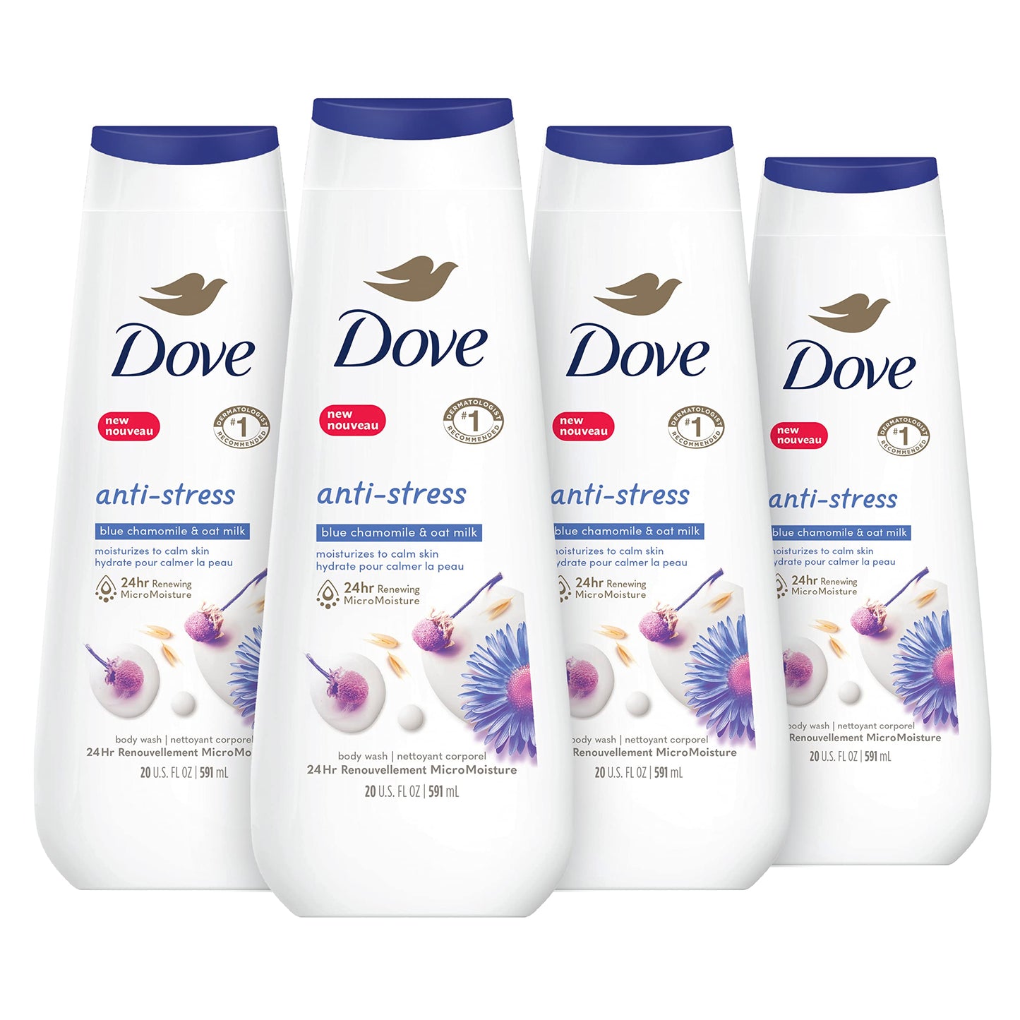 Dove Body Wash Anti-Stress Blue Chamomile & Oat Milk 4 Count for Renewed, Healthy-Looking Skin Moisturizing Gentle Skin Cleanser with 24hr Renewing MicroMoisture 20 oz