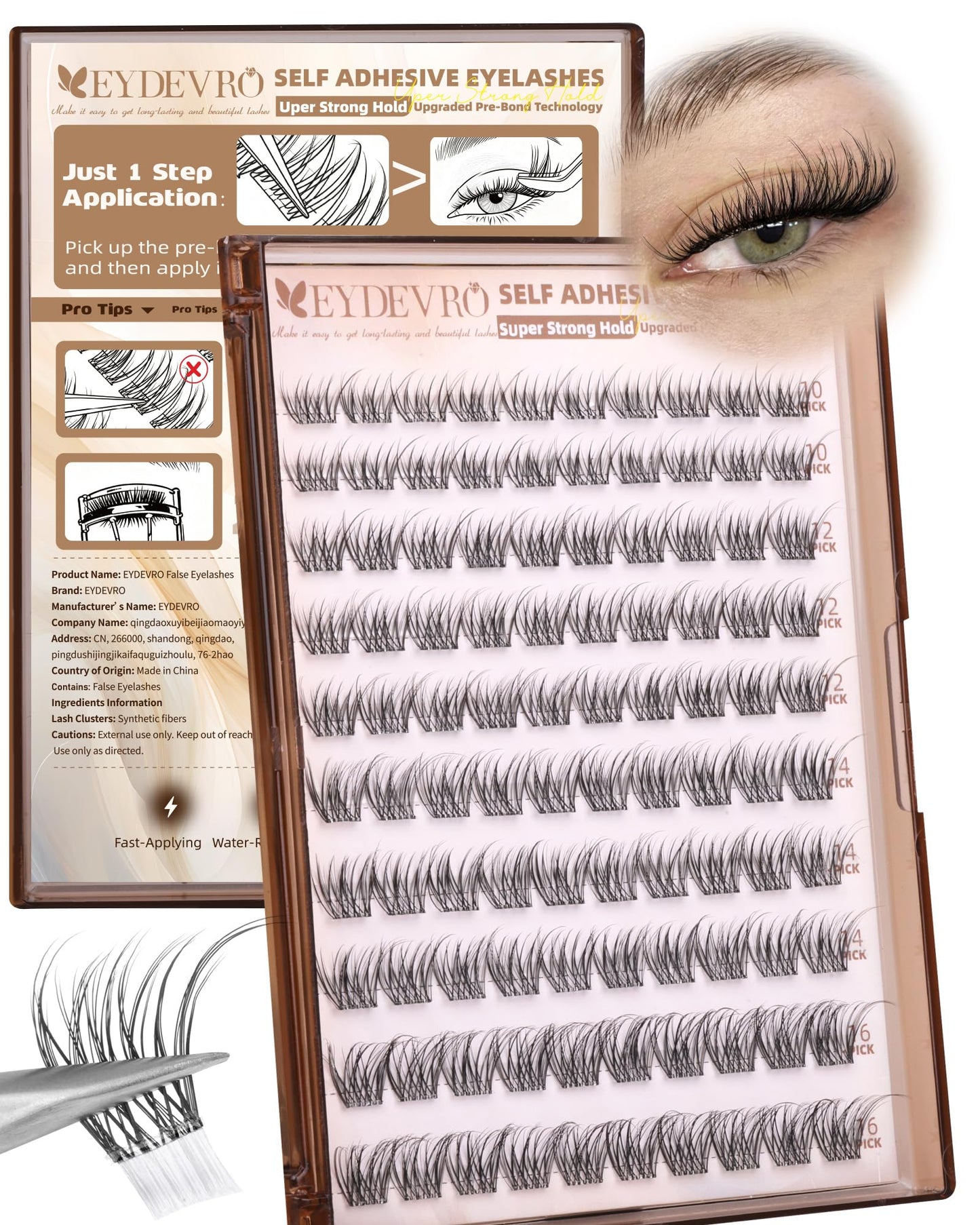 EYDEVRO Natural Self Adhesive Eyelashes Wispy Self Adhesive Lash Clusters No Glue Needed Eyelash Clusters Pre-glued Individual Lashes Up-graded 3.0 Self Adheisive Strip Strong Hold for 48+ Hours