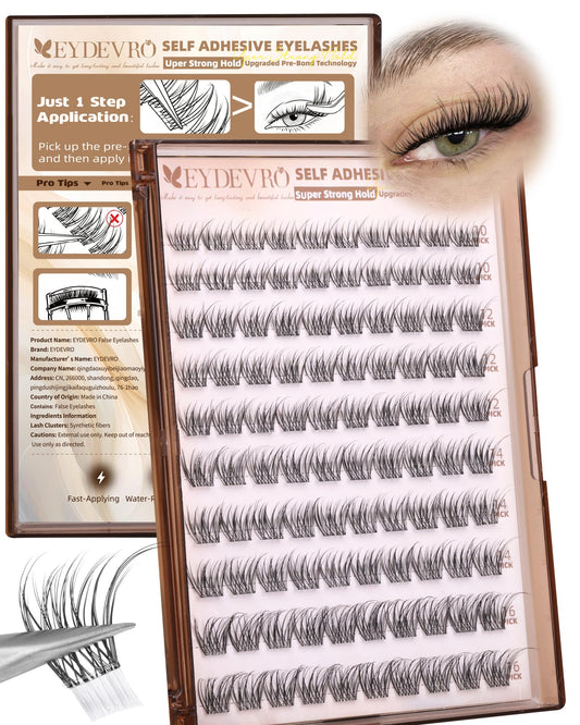 EYDEVRO Natural Self Adhesive Eyelashes Wispy Self Adhesive Lash Clusters No Glue Needed Eyelash Clusters Pre-glued Individual Lashes Up-graded 3.0 Self Adheisive Strip Strong Hold for 48+ Hours