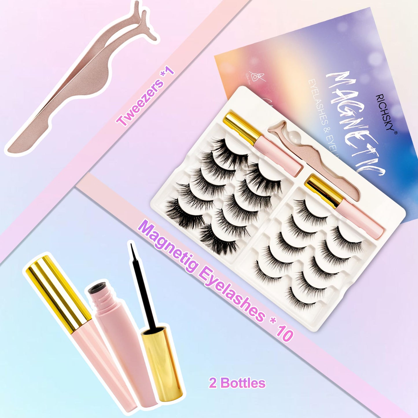 Richsky Magnetic Eyelashes Kit,Reusable 3D 5D Magnetic Lashes Set with Waterproof Eyeliner,10 Pairs Mink False Eyelashes Natural Look, No Glue Needed