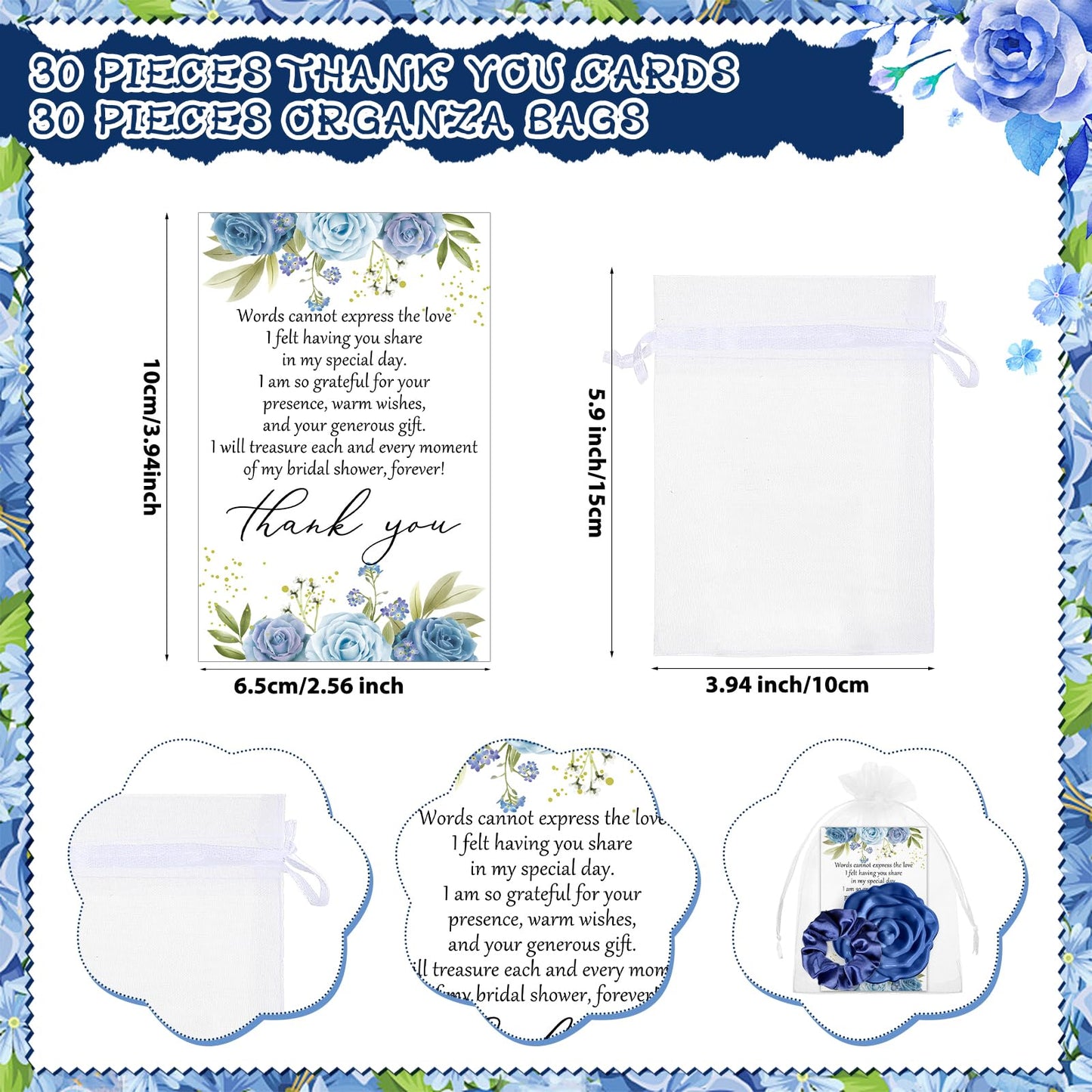 XunYee 30 Sets Rose Compact Mirror Bulk Bridal Shower Favors for Guests Mother's Day Souvenir Gifts Hair Ties Elastic Scrunchies, Thank You Card and Organza Bags for Wedding Quinceanera(Dusty Blue)