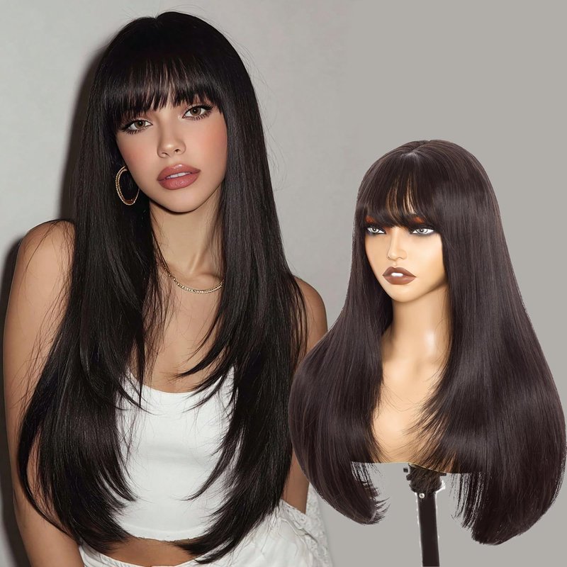 Twobla 26 Inch Natural Black Wig With Bangs | Long Black Straight Layered Synthetic Wig for Women | Heat Resistant, Realistic Scalp, Freestyle Parting | Wear & Go, No Glue Needed | Cosplay & Daily Use
