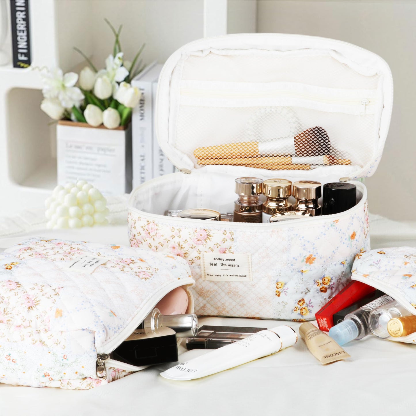 TESAFNG Quilted Makeup Bag Set - 3 PCS Cute Floral Cotton Makeup Bag, Large Coquette Aesthetic Make up Cosmetic Bag, Flower Travel Toiletry Organizer Bags for Women Girls