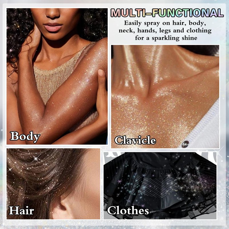 IONSGAKO Body Glitter Spray, 60ML Shiny Silver Glitter Spray for Hair Body and Clothes,Long-Lasting Quick-Drying Holographic Ultra Fine Powder Glitter Hairspray for Festival Rave Stage Prom 2.11 Fl Oz
