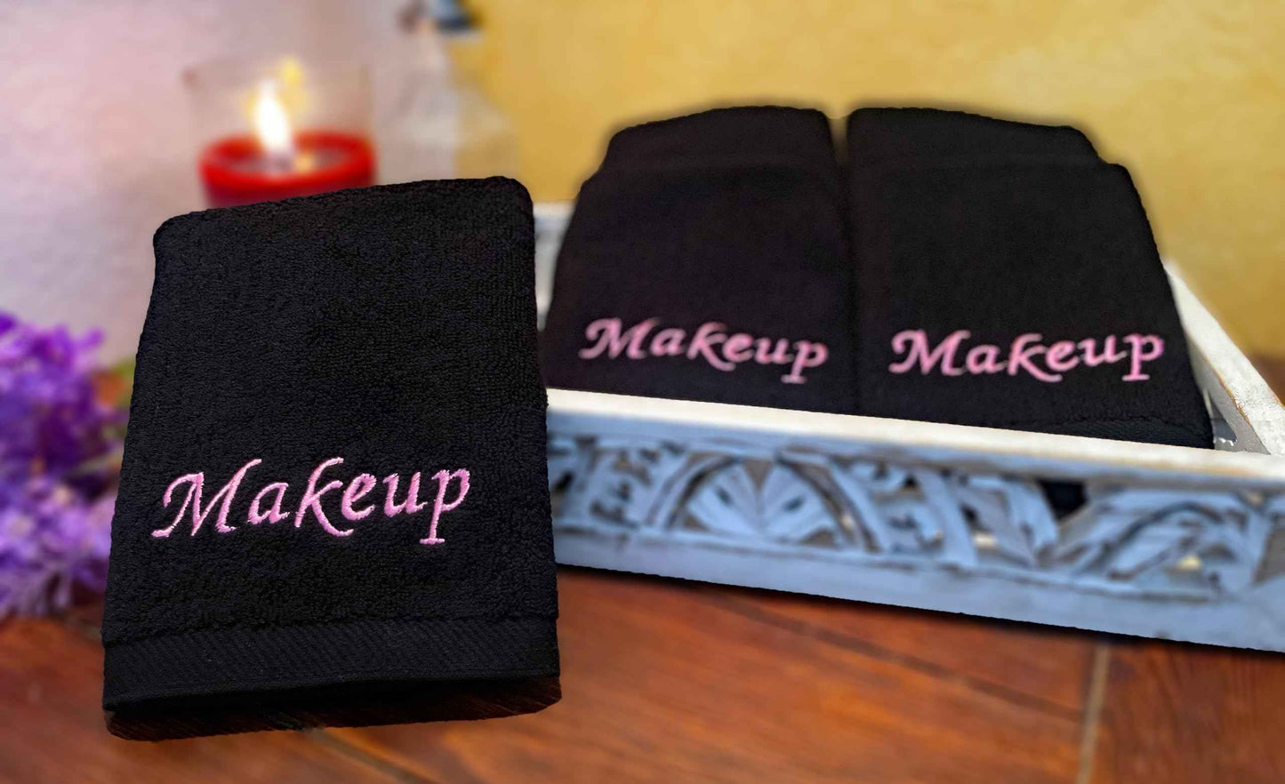 Liberty21 Makeup Embroidered Towel Set for face. 100% Soft Cotton. Facial Makeup Remover Washcloths. Reusable Face Towel Set of Four. (Black & Pink Embroidery)