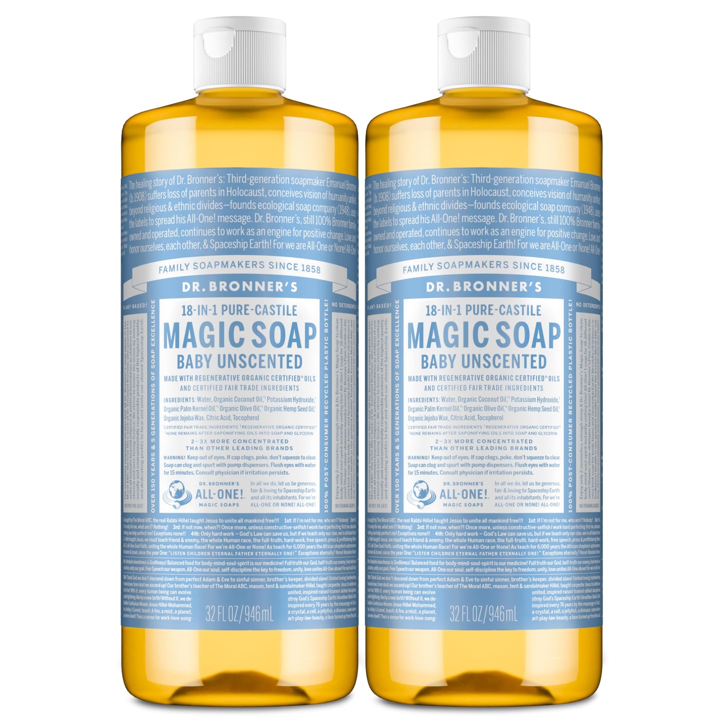 Dr. Bronner's Magic Soap-Pure-Castile Liquid Soap (Baby Unscented, 32 ounce, 2-Pack)-Regenerative Organic Certified Oils, 18-in-1 Uses: Body, Laundry & Dishes, For Sensitive Skin, No Fragrance