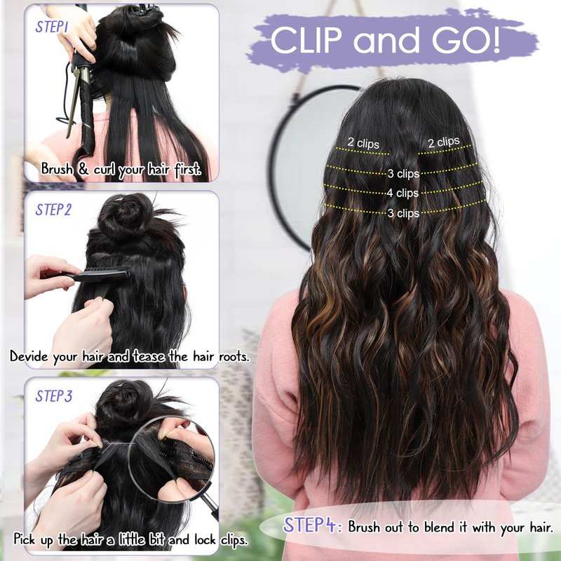 WOKAA Synthetic Clip in Hair Extensions Long Wavy Hair Extension Clip ins 5Pcs 20 Inch Black mix Blonde Thick Hairpieces for Women