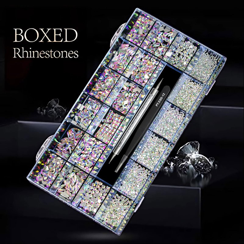 Yzzseven 12 Types of 600 Crystal AB Diamonds + 2500 Flat Rhinestones Mix 20 Styles Flatback DIY Crafts Rhinestone Crystals 3D Ornament‌s Flat Back Stones Set + Tweezers + Drill Pen