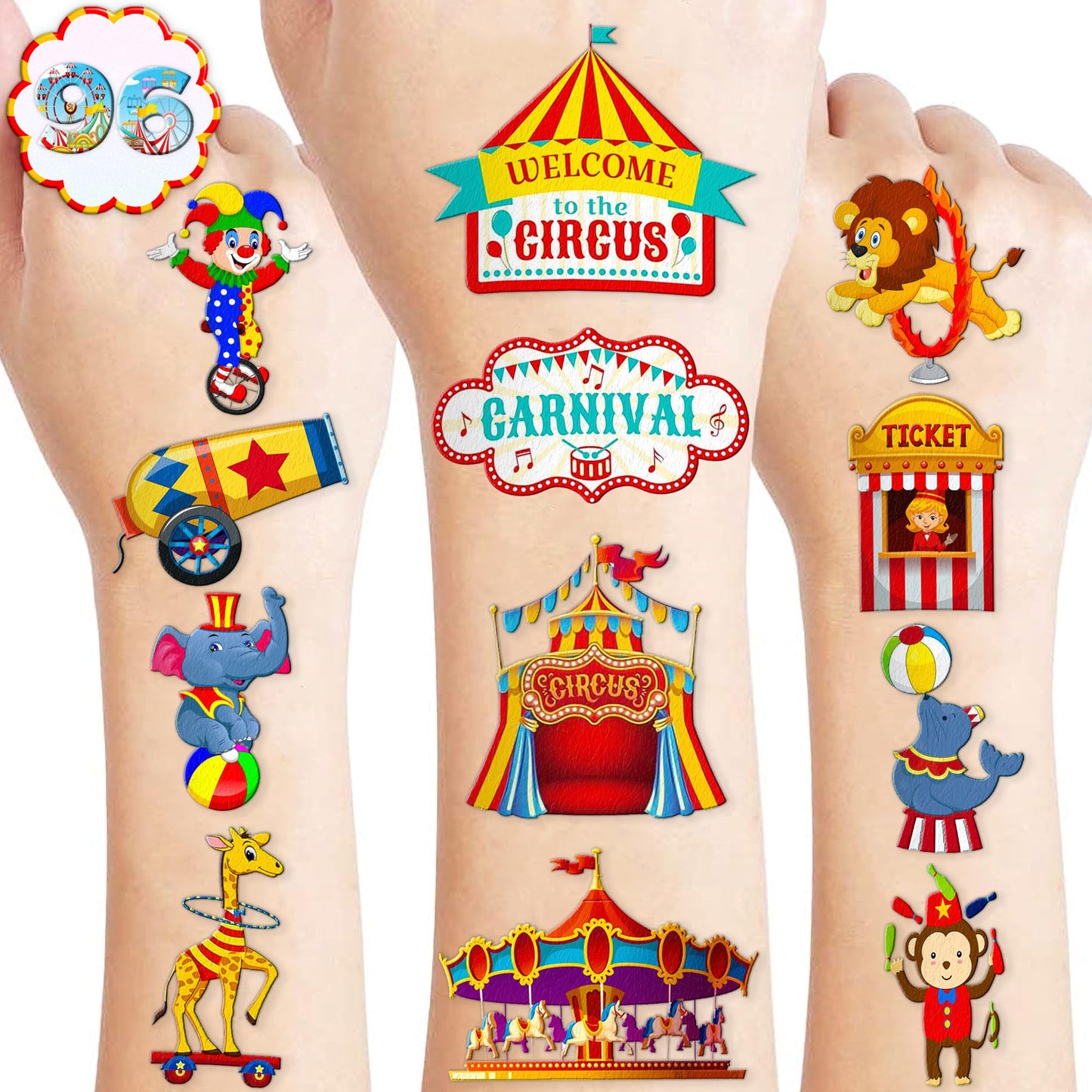 96 PCS Funny Carnival Temporary Tattoos for Kids, Carnival Circus Animals
