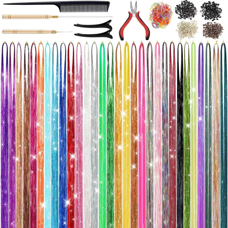 CHENZI 30 Colors 9900 Strands Hair Tinsel Kit, 48 Inch Glitter Tinsel Hair Extensions for July Fourth Christmas New Year Halloween Cosplay, Heat Resistant Fairy Hair Accessories for Girls, Kids, Women