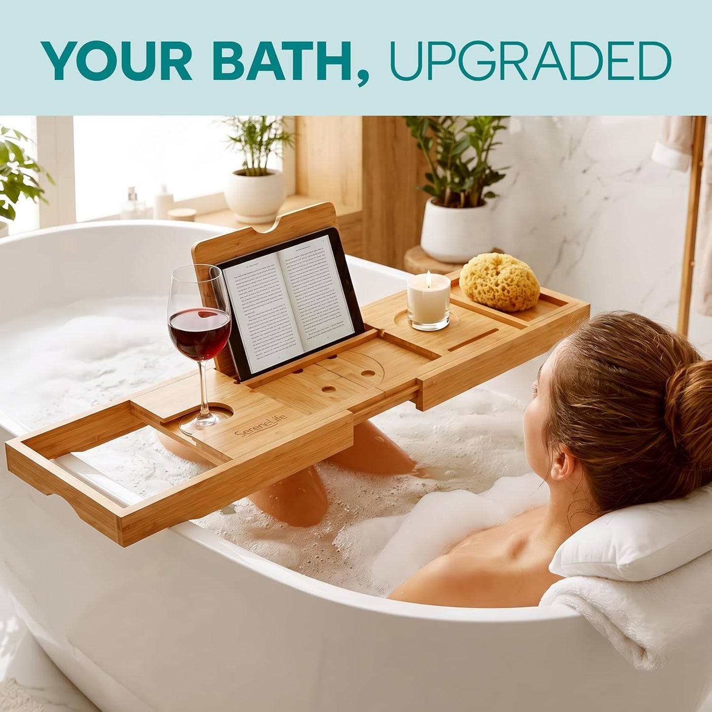 Premium Bathtub Tray Caddy - Expandable Bath Organizer for Unique Gifts | Natural Wood, Universal Fit for All Tubs