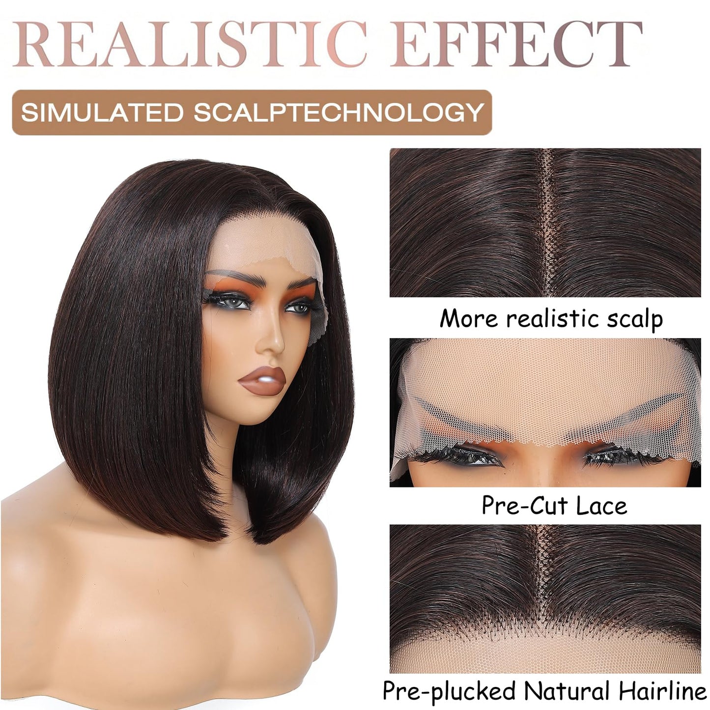 JANATOUCH Brown Straight Bob Wig for Women, Shoulder Length Lace Front Wig with Natural Middle Part Soft Silky Synthetic Wig Realistic Short Wig