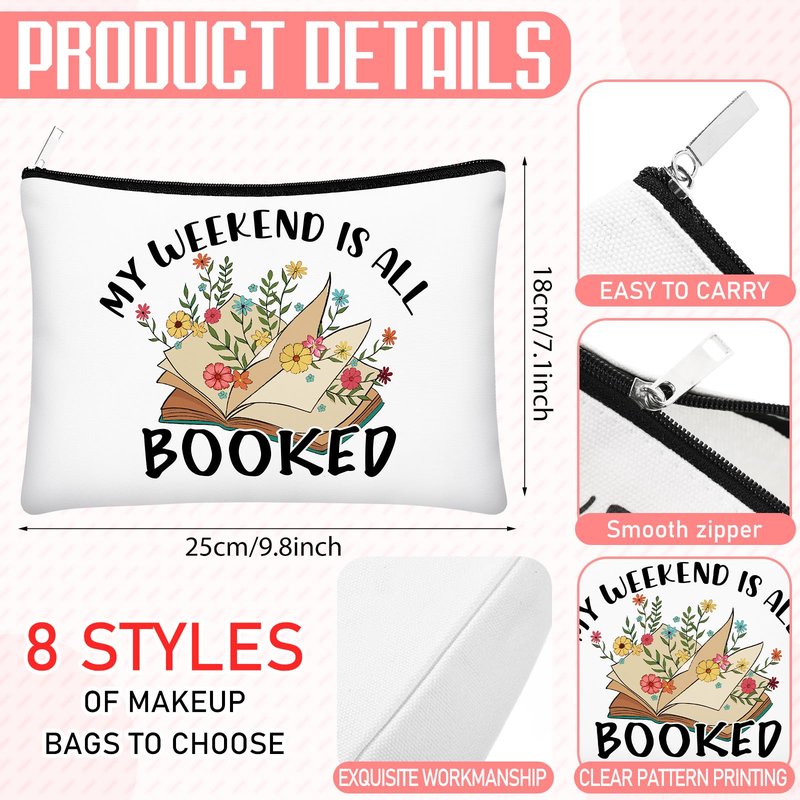 Cosblank 8 Pcs Book Club Gifts Book Lovers Makeup Bag Gifts for Women Cosmetic Bag with Zipper Pouch for Teen Adult Women Lovers Librarian Bookish Club Gifts(Book,Flower)