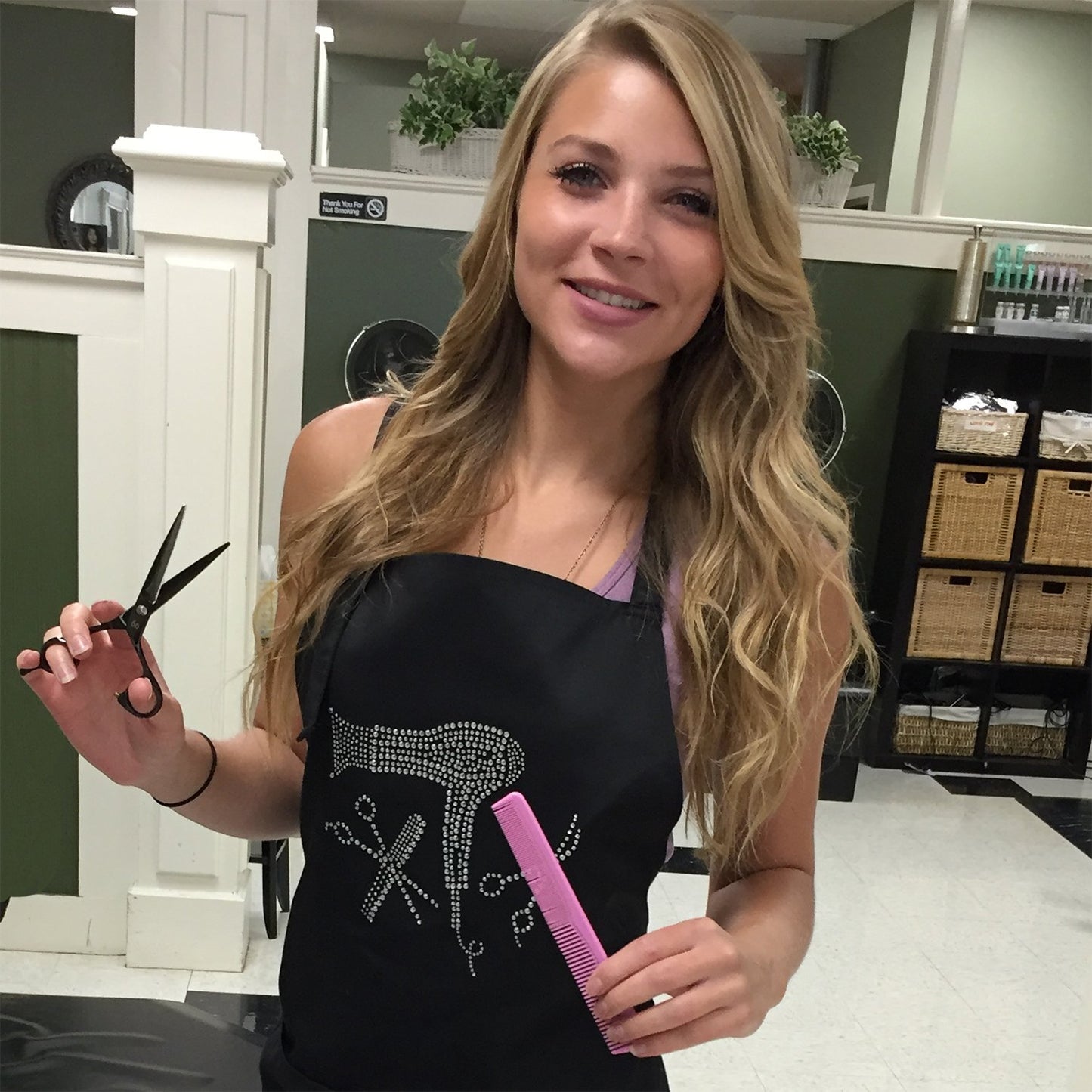 Plum Hill Hair Stylist Apron Set - Black Hairdresser Apron with Rhinestones and Cheetah Leopard Cosmetology Smock