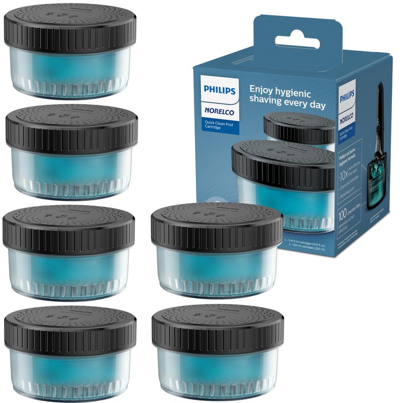 Norelco Philips Quick Clean Pod Cartridge, Lubricates Shaver and Eliminates Cut Hair, 6x 5.4 fl oz Cartridges (Up to 1.5yr Supply), BD9011AZ