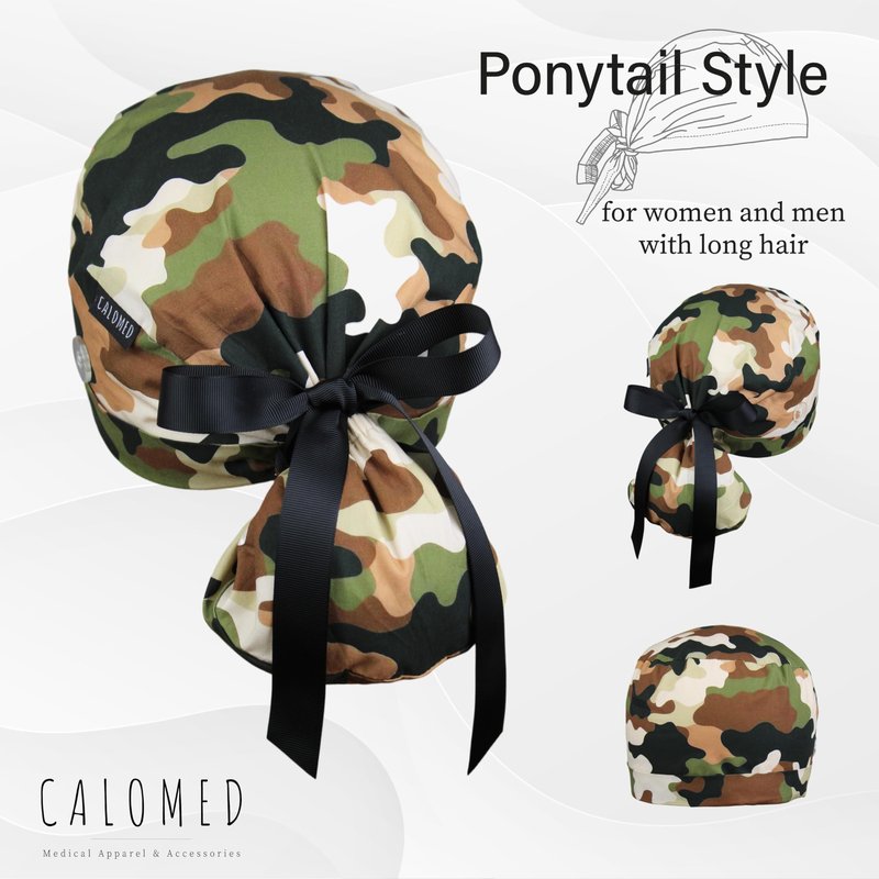 CALOMED Scrub Cap for Women and Men, Ponytail Scrub Caps, Working Hat, Head Cover with Ribbon Ties and Buttons, Long Hair (Christmas Hollyberries)