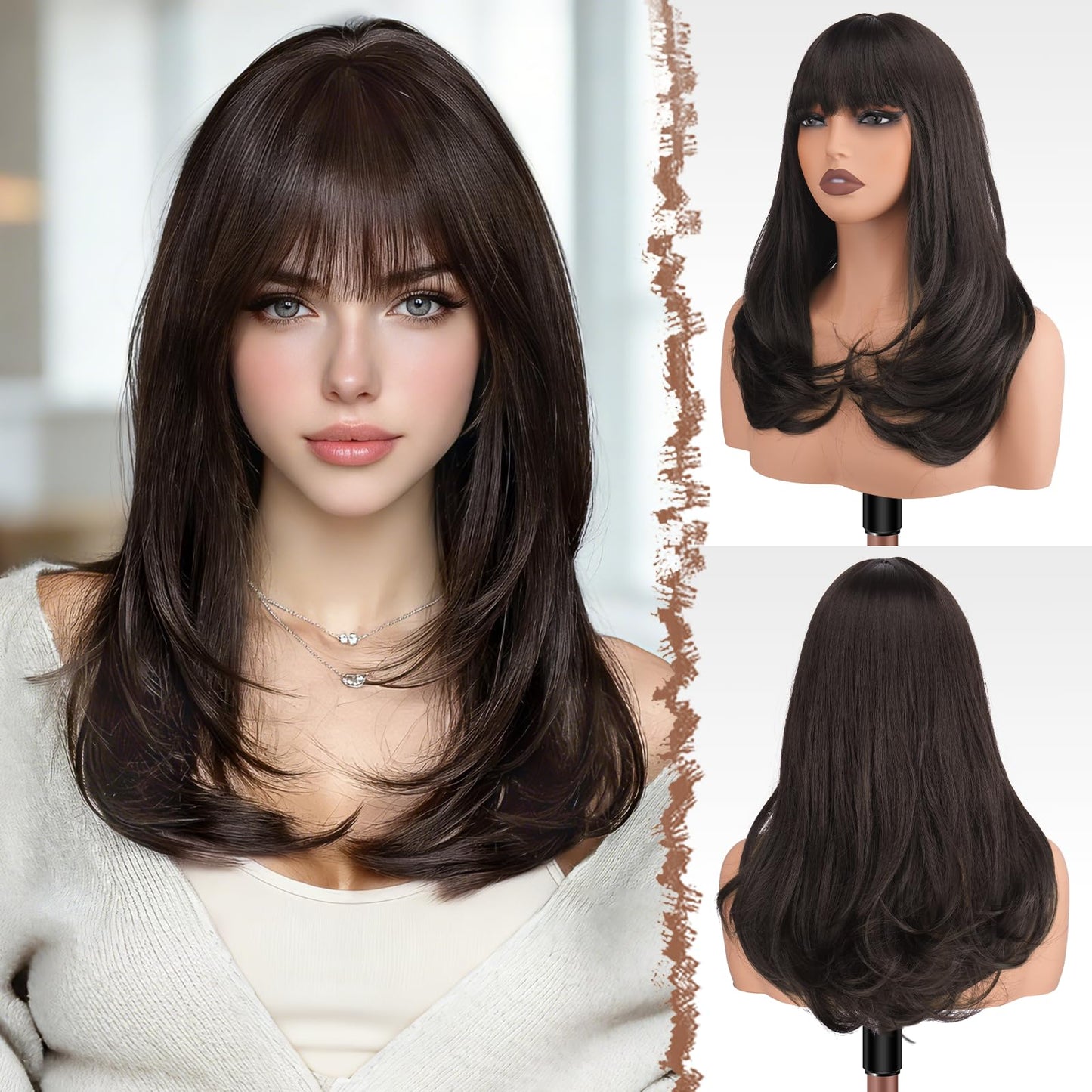 FESHFEN Long Wigs with Bangs, Synthetic Natural Looking Layered Straight Hair Wig for Women Daily Party Use 18 inch, Brown