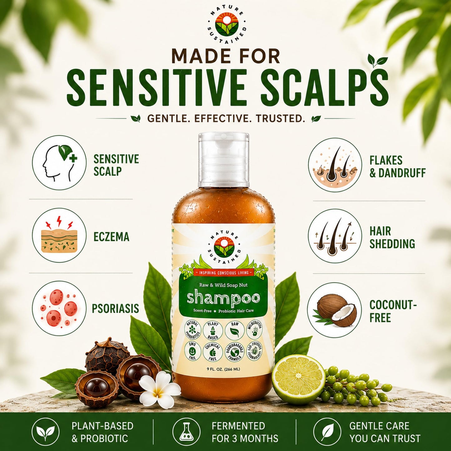 Nature Sustained Natural Shampoo - Organic, Raw & Wildcrafted with Probiotics, Hypoallergenic Natural & Sulfate Free Shampoo for Sensitive Scalp, Dry Hair, Dandruff, Eczema & Psoriasis, 9oz, Original