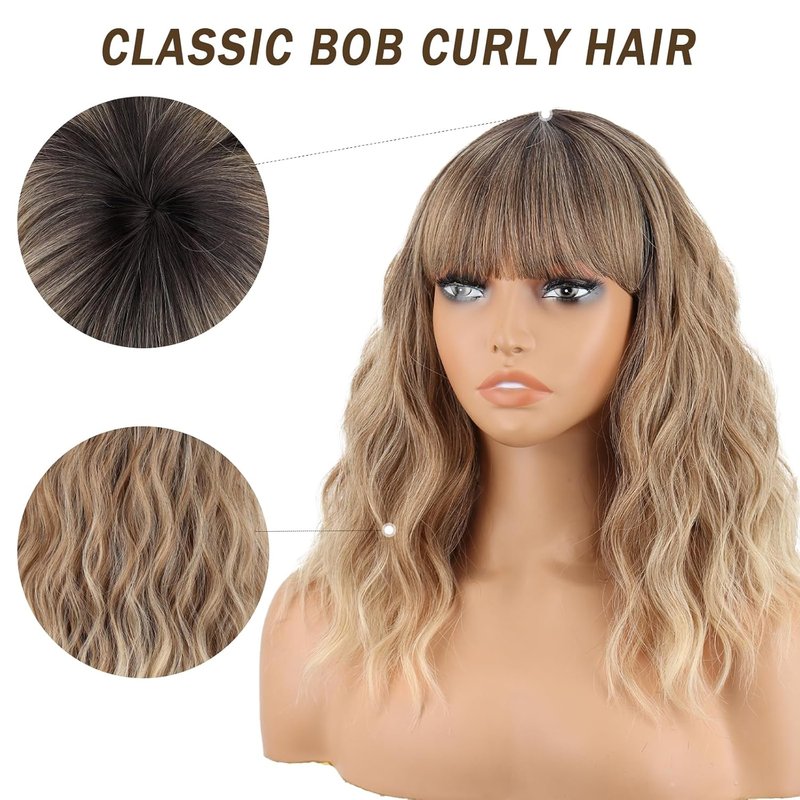 Blonde Wavy Wig for Women - Natural-Looking Synthetic Bob with Bangs | Heat-Resistant Curly Ombre Hair for Cosplay