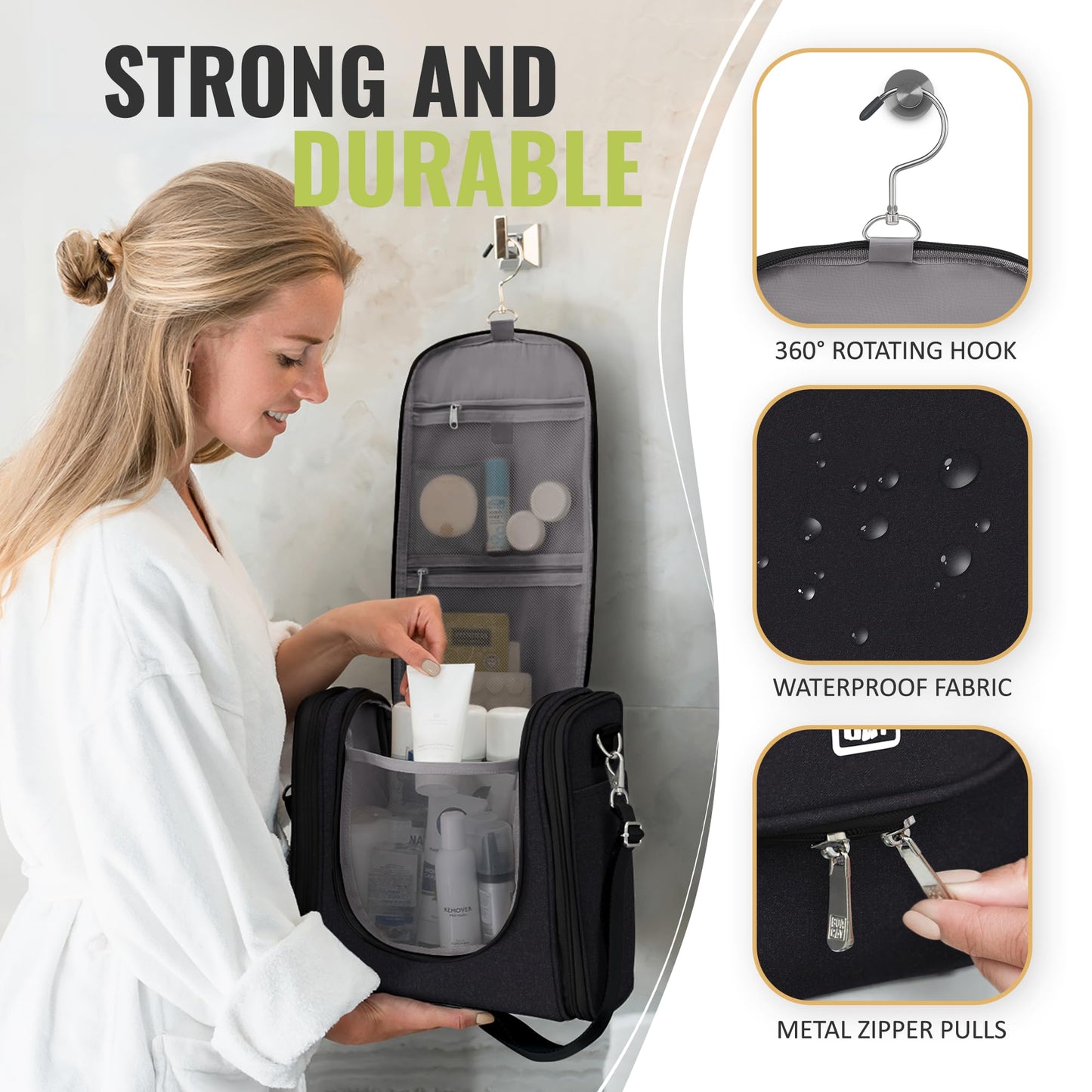 BOACAY Extra Large Hanging Travel Toiletry Bag for Women and Men, Makeup Bag, Bathroom & Shower Organizer Kit for Accessories, Cosmetics, Essentials