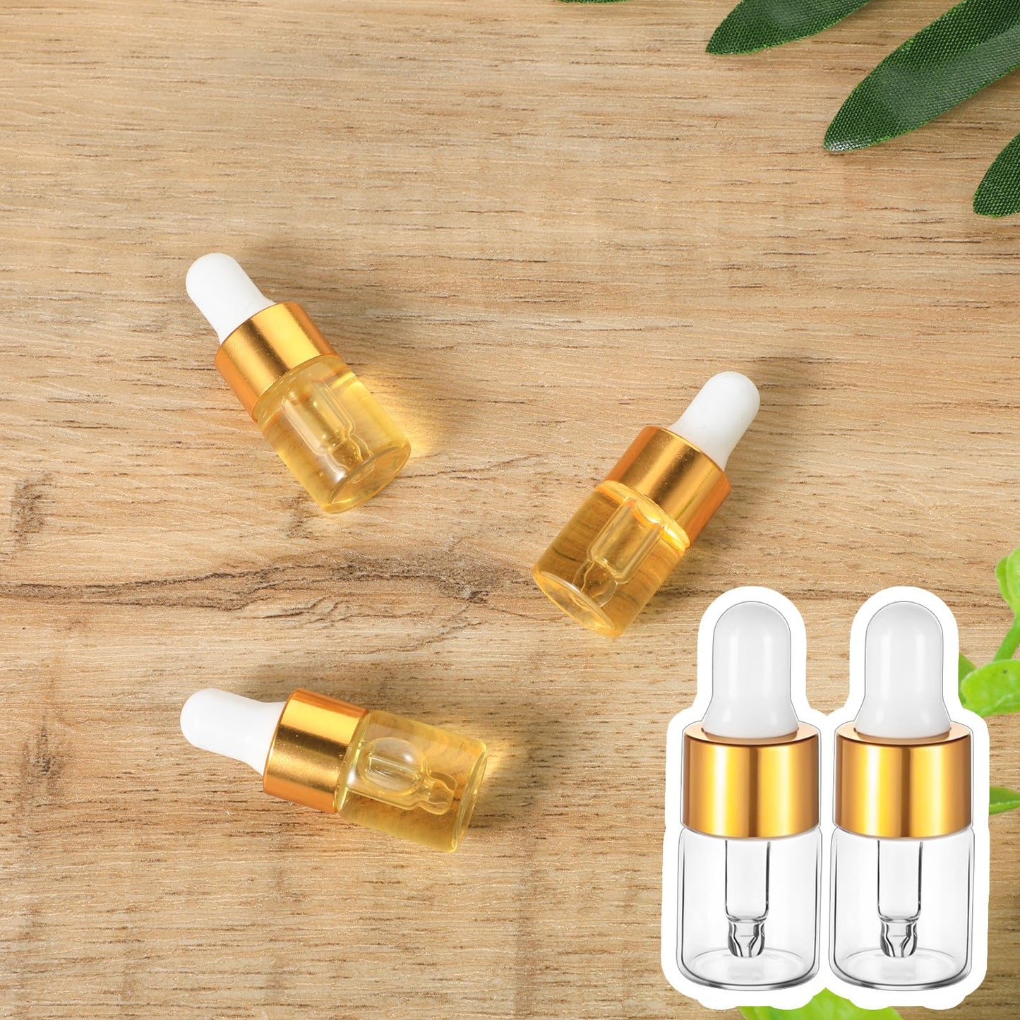 wutfuooo 100 Pcs Mini Glass Oil Dropper Bottle Bulk, 2 ml Gold Clear Essential Small Empty Bottles Sample Containers Perfume Liquid Vials with Cap for Traveling