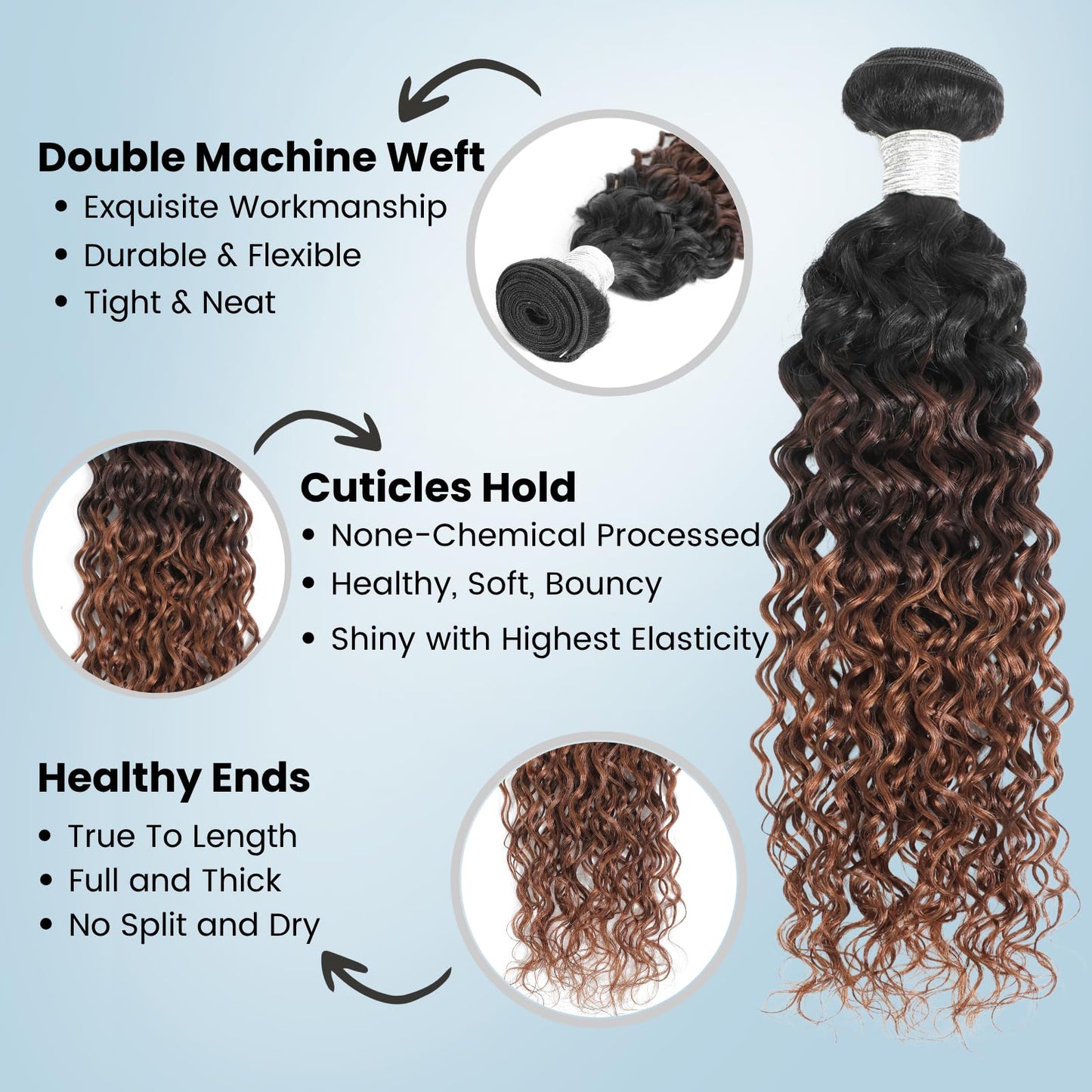 ALHER 12A Ombre Human Hair Bundles Water Wave, Soft Thick Chestnut Brown Ombre Single Curly Bundle Wet and Wavy 100% Virgin Remy Human Hair for Black Women #T1B/2/30 Dark Roots Auburn Sew In 12 Inch