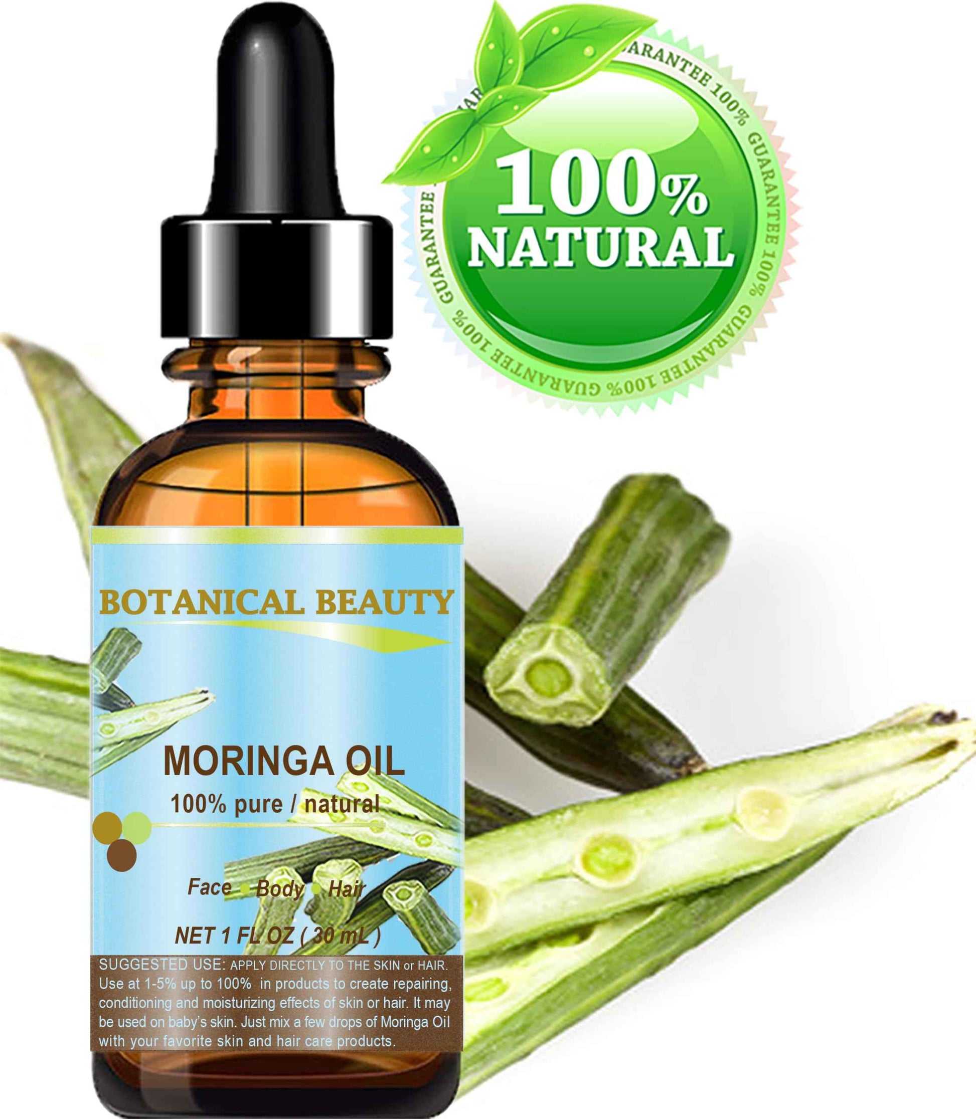 Botanical Beauty‎ Moringa Oil 100% Pure Natural Undiluted Cold Pressed Carrier Oil. 1 Fl.oz.- 30 ml. for Face Skin, Hair, Lips, Nails. Rich in Vitamin C, Vitamin E