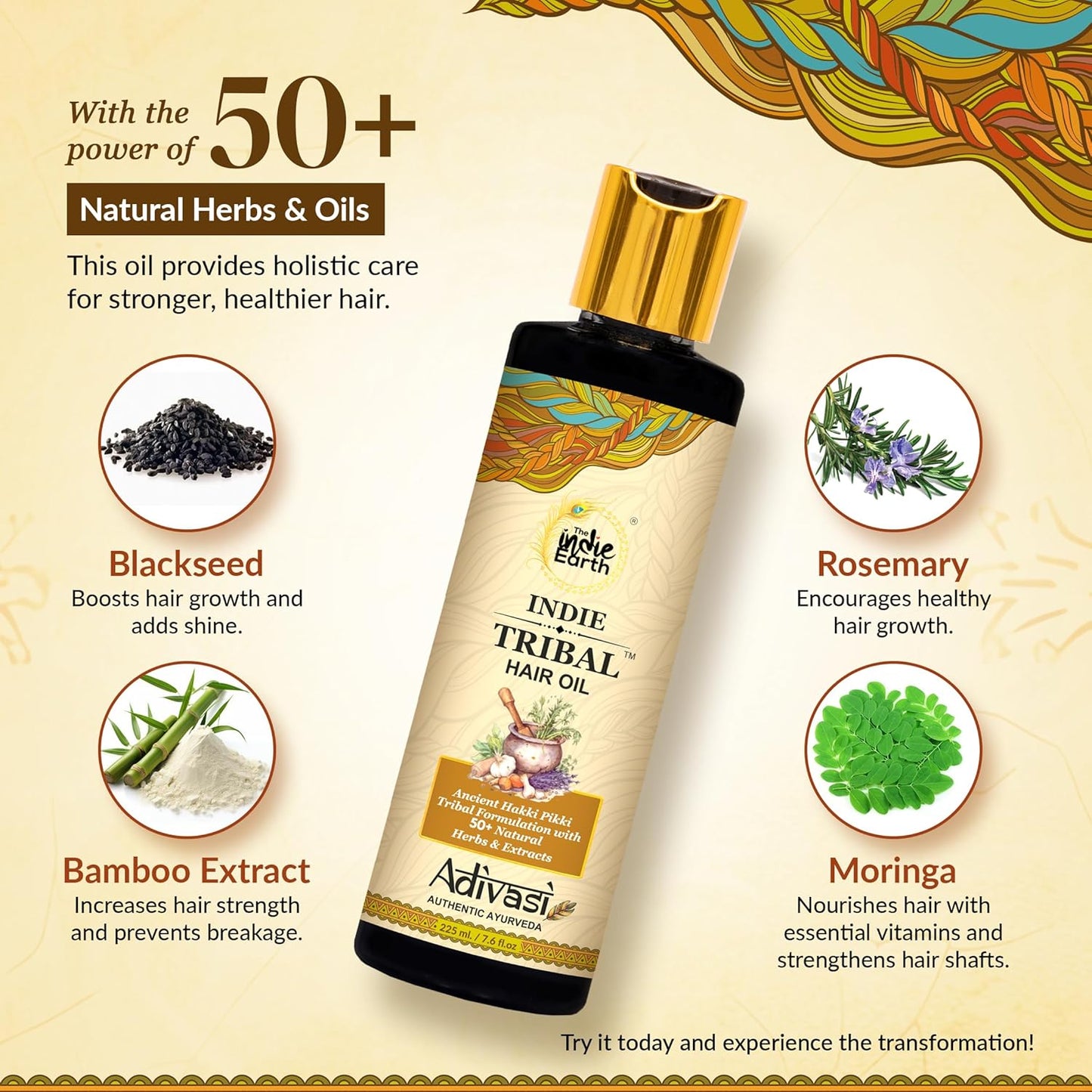 Indie Earth Tribal Adivasi Hair Oil - 50+ Natural Ingredients for Healthy Hair | Moringa, Bhringraj, Hibiscus & More