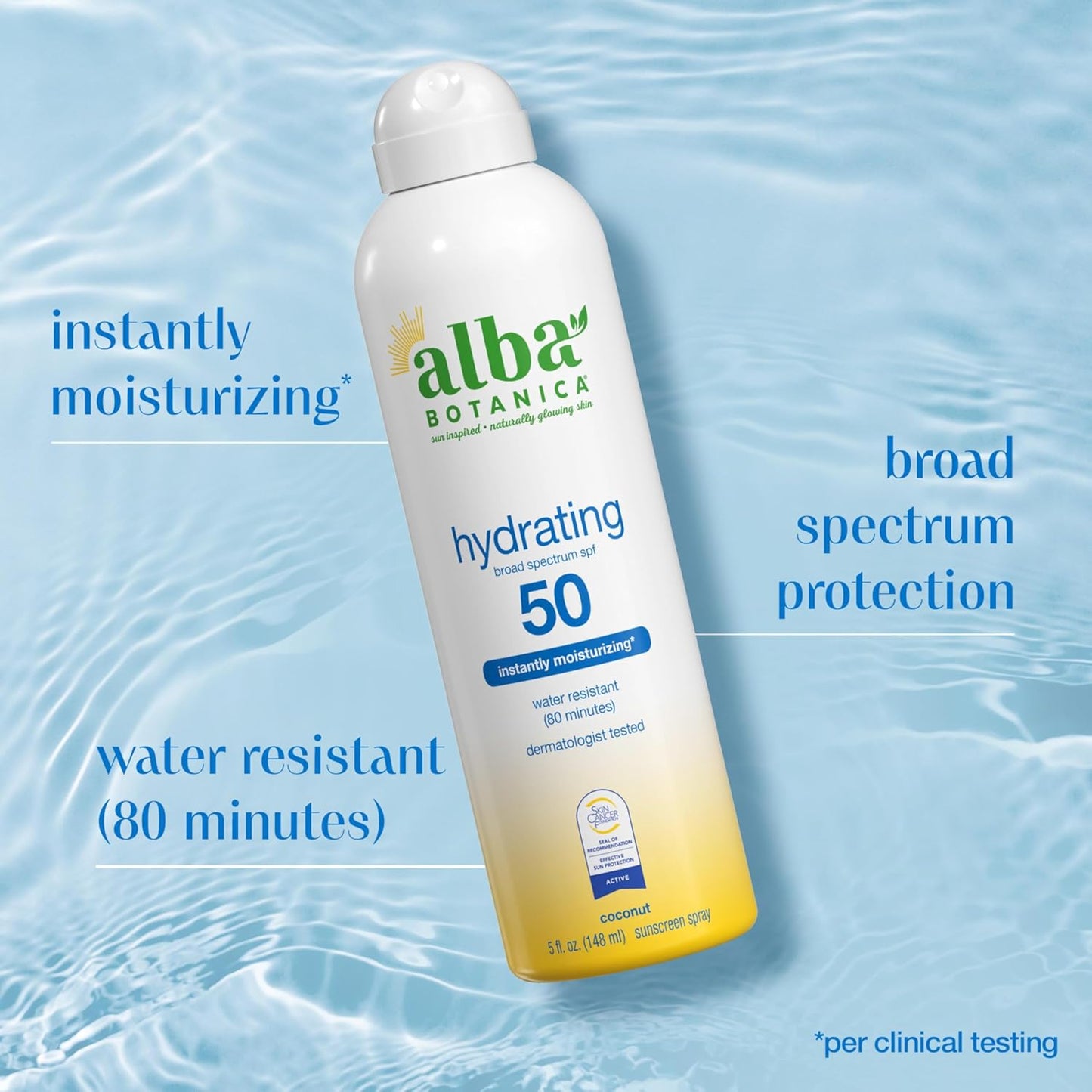Alba Botanica Hydrating Sunscreen Spray - SPF 50 Broad Spectrum, Water Resistant, Hypoallergenic | 5 Fl. Oz
