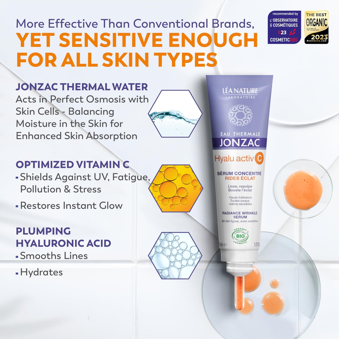 Eau Thermale Jonzac Organic Hyalu Activ C Serum for Face & Eyes - Optimized Vitamin C 5x More Stable With Hyaluronic Acid - Anti-Wrinkle - Brighter & Plumped Skin - 1.01 Fl Oz