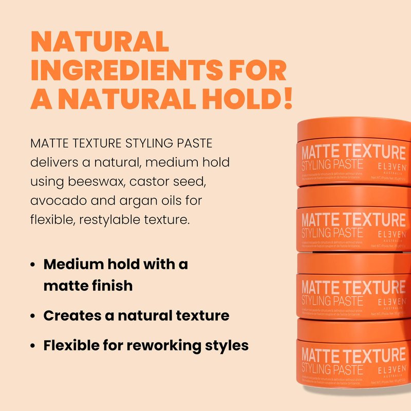 ELEVEN AUSTRALIA Matte Texture Styling Paste - Hair Clay for Men and Women, Lanolin Wax, Beeswax, & Argan Oil Blend, Natural Molding with a Texturizing Finish, Ideal for Short Hair - 3 oz