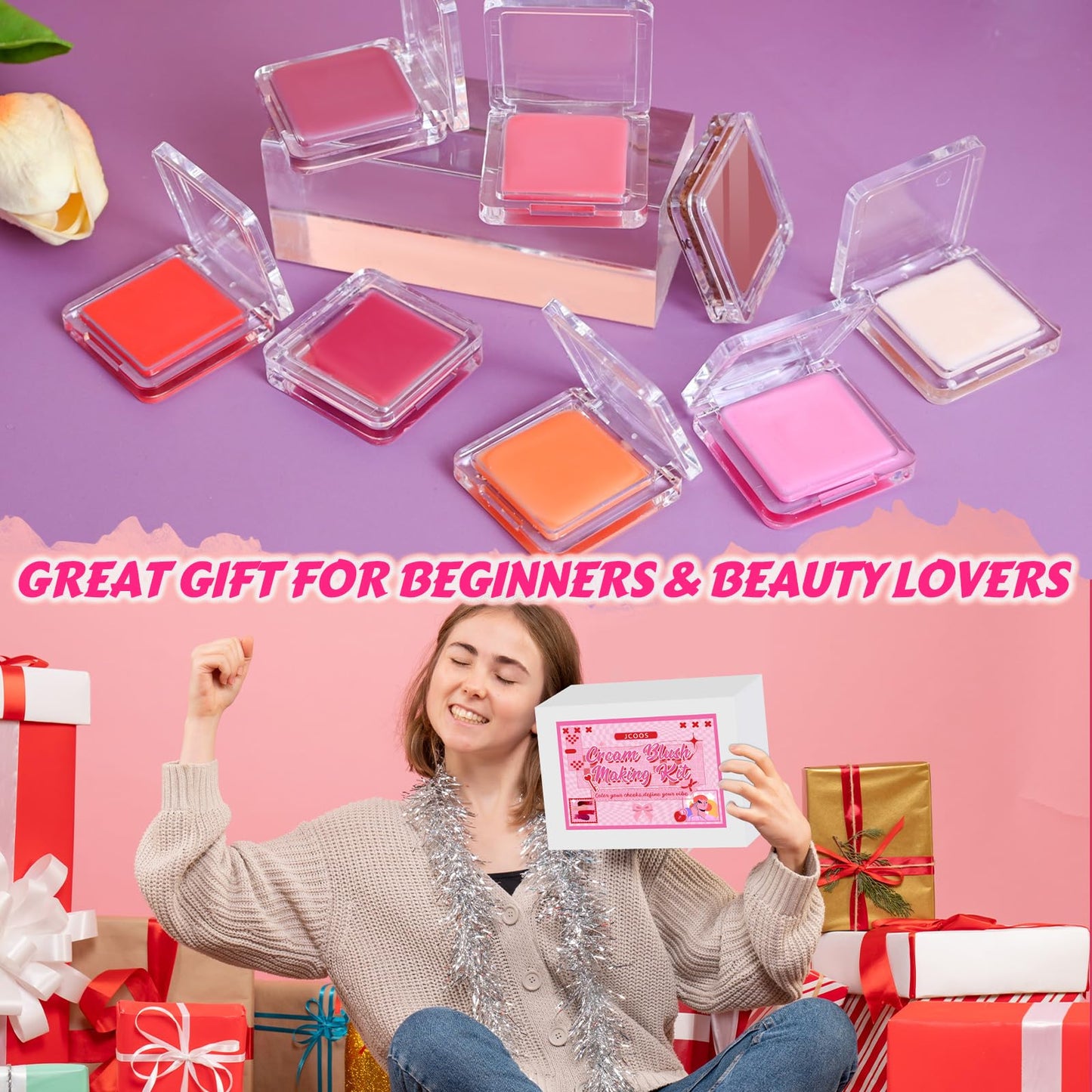 JCOOS DIY Blush Making Kit for Women | Make Your Own Cream Blush Eyeshadow Lip, Dewy Finish with Beeswax & Sweet Almond Oil, 8 Colors Pigment, Includes Puff Makeup
