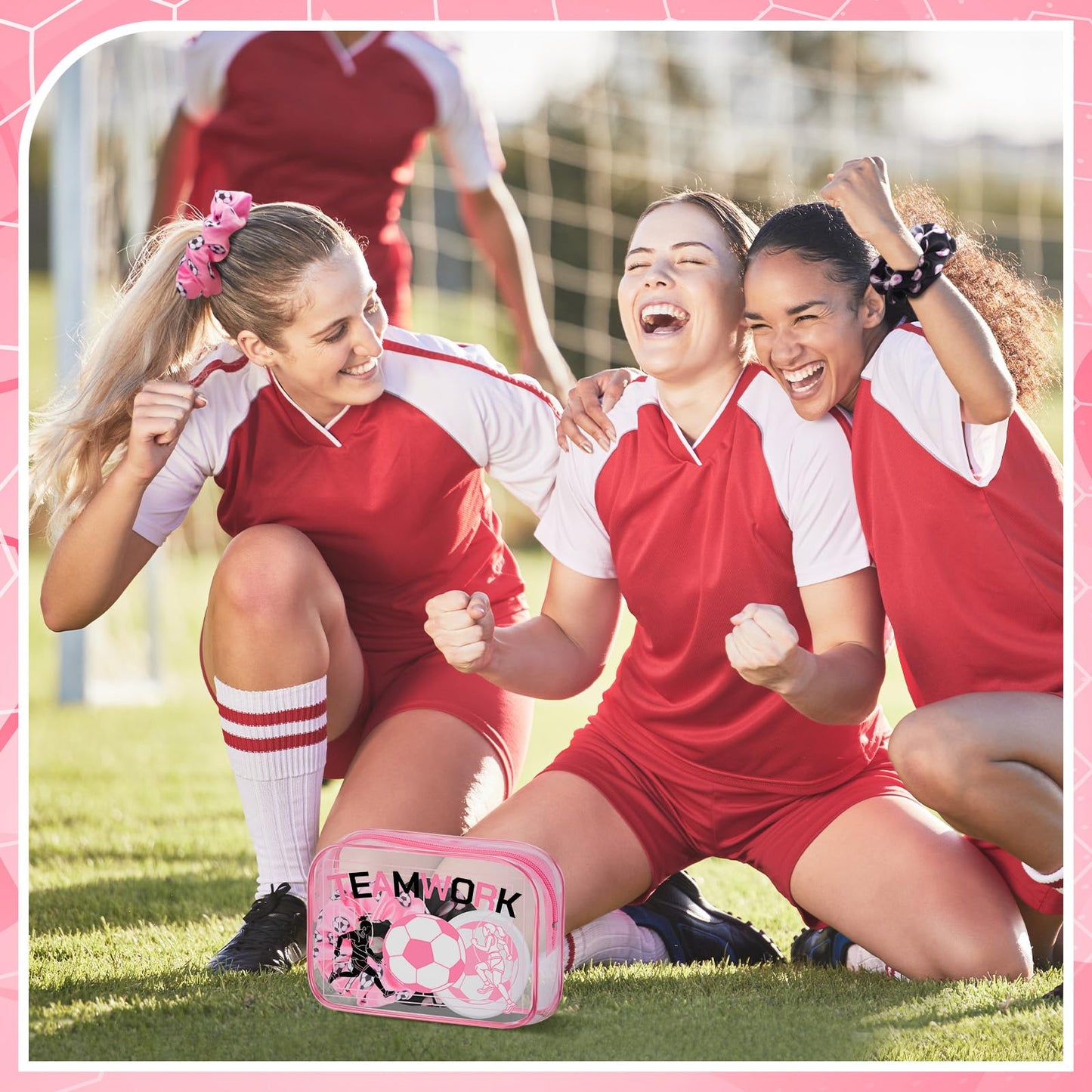 Sunnymove 36 Pcs Pink Soccer Gifts for Women 12 Pink Soccer Makeup Bag Bulk Cosmetic Bag Sport Team Gifts with 12 Sport Hair Scrunchies 12 Round Portable Folding Brush Mirror for Coach Team Party