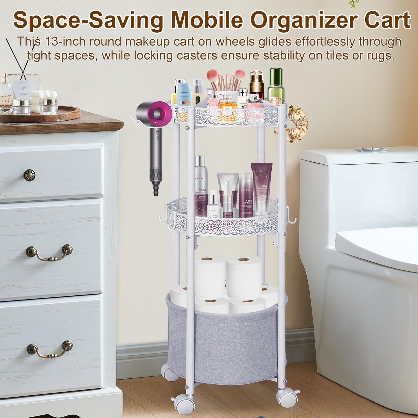 NauwaBarn 3-Tier Round Makeup Cart with Wheels, Rolling Vanity Organizer with Removable Hair Dryer Holder, Small Space Beauty Storage Cart for Skincare, Perfume, Nail Polish & Hair Tools, White