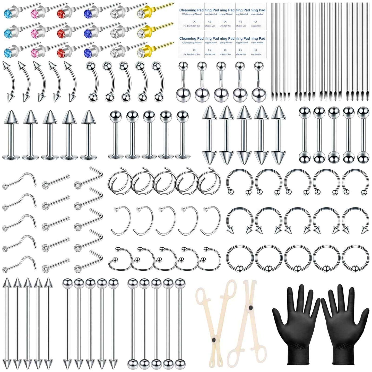 164PCS Body Septum Piercing Kit with 14G/16G/18G/20G Piercing Needles Piercing Jewelry and Tools for Ear Nose Belly Button Nipple Lip Cartilage Eyebrow Tongue Navel Piercing Kit for All Piercings
