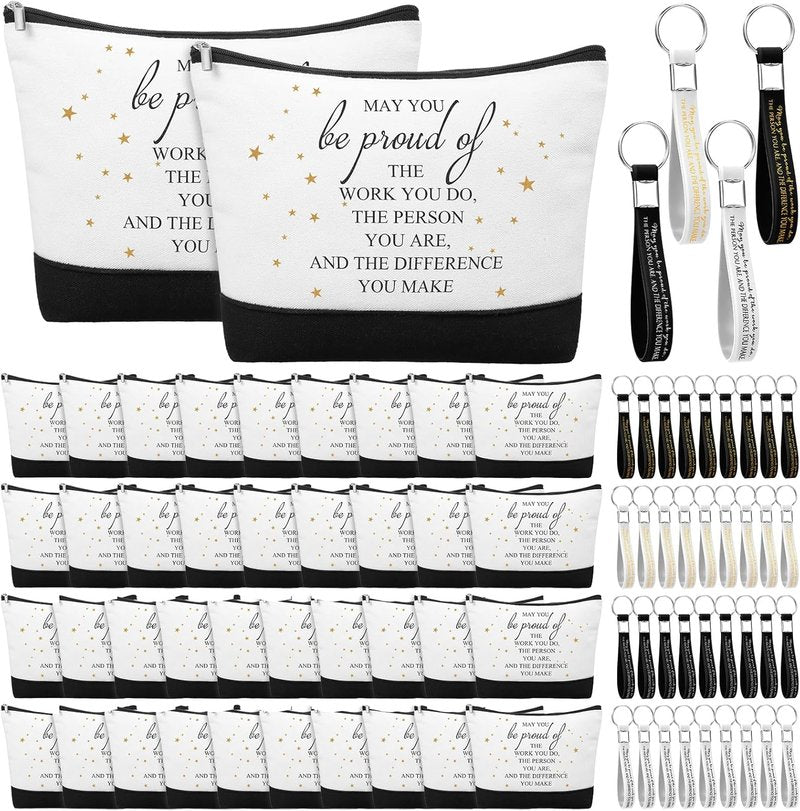 Employee Appreciation Gifts - 80 Pcs Canvas Cosmetic Bags & Thank You Keychains | Inspirational Makeup Bags for Women