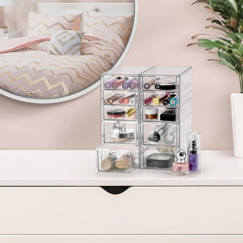 Makeup Organizer - 10-Drawer Acrylic Storage for Makeup, Office, Jewelry | 2 Clear Stackable Bins