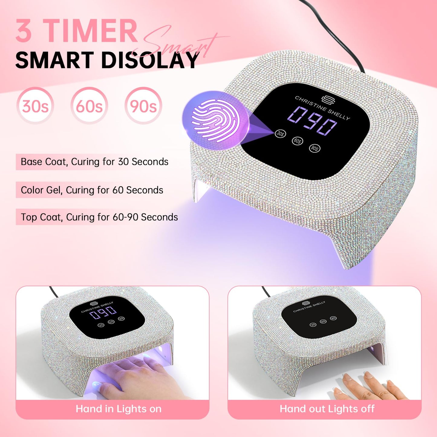 CHRISTINE SHELLY UV Nail Lamp, UV Light for Gel Nails,48W Plug-in Mini Diamond Nail Lamp Nail Dryer with Touch Control Auto Sensor and 3 Timer Settings Nail Light Portable Curing Lamp (AB Diamond)