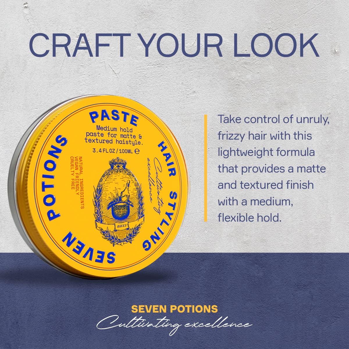 SEVEN POTIONS Men’s Hair Styling Paste — Medium, Flexible Hold with No Shine — Water-Based, Natural, Vegan & Cruelty-Free — Easy Restyle, No Shine — Alternative to Hair Putty, Clay Pomade — 3.4 fl oz