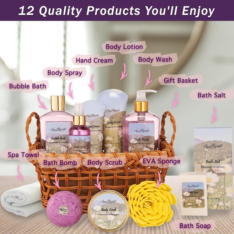 Aqua Elegante Spa Basket - Deluxe Women's Bath Set with Bubble Bath, Lotion & Bath Bombs | Lavender & Chamomile