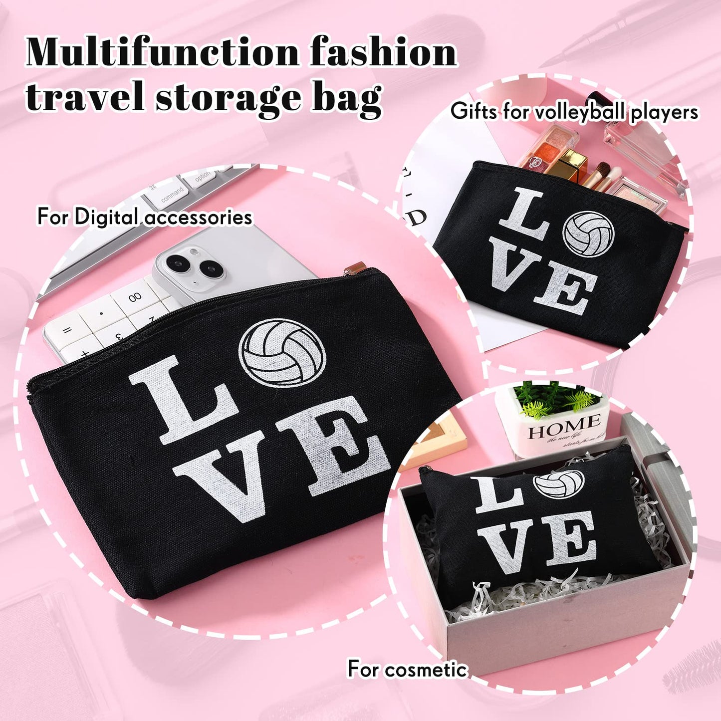 18 Pieces Volleyball Pouch Love Makeup Bag Organizer Travel Women Volleyball Gifts Small Zipper Volleyball Bags Canvas Toiletry Volleyball Team Bag Cute Storage Cosmetic Pencil Case for Players