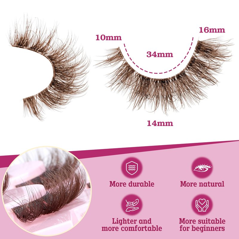 Brown Lashes Natural Look False Eyelashes Faux Mink 6D Wispy Fluffy Eye Lashes DD Curl Fake Eyelashes 9 Pairs Pack